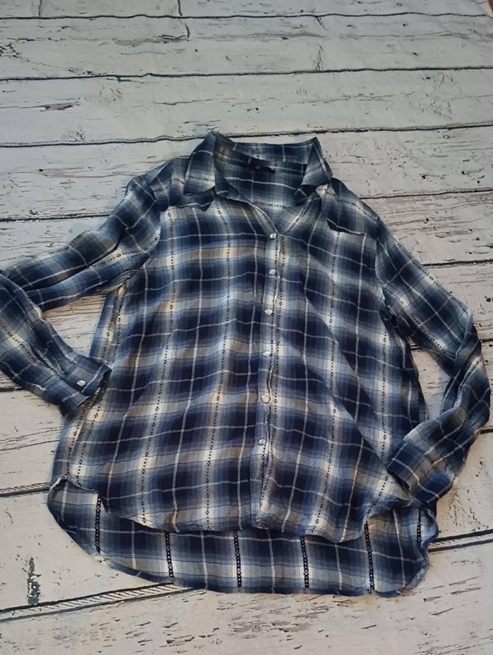 Jane & Delancey Blue White Plaid Pearl Snap Long Sleeve Shirt M